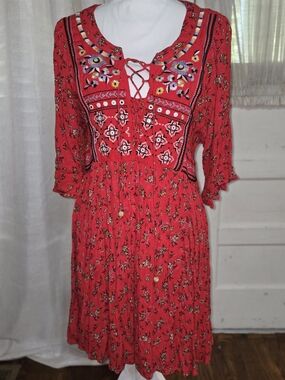 Wonderly Red Embroidered Lace-Up Boho Midi Dress
